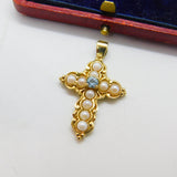 9ct Yellow Gold, Pearl & Topaz Set Cross Pendant Vintage c1970 London