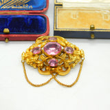 Victorian 18ct Yellow Gold & Foil Back Pink Paste Stylistic Brooch Antique c1850