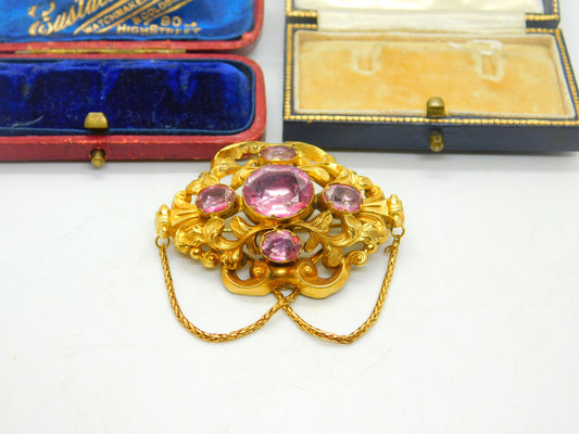 Victorian 18ct Yellow Gold & Foil Back Pink Paste Stylistic Brooch Antique c1850