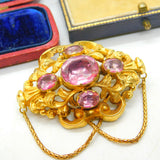 Victorian 18ct Yellow Gold & Foil Back Pink Paste Stylistic Brooch Antique c1850
