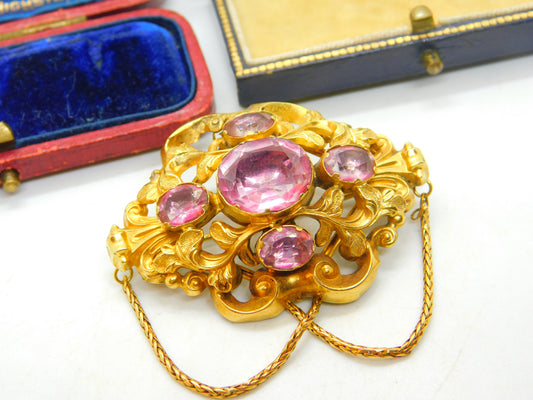 Victorian 18ct Yellow Gold & Foil Back Pink Paste Stylistic Brooch Antique c1850