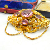 Victorian 18ct Yellow Gold & Foil Back Pink Paste Stylistic Brooch Antique c1850