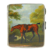 Sterling Silver Printed Horse & Hound Painting Cigarette Case Antique 1930 Chester Art Deco