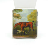Sterling Silver Printed Horse & Hound Painting Cigarette Case Antique 1930 Chester Art Deco