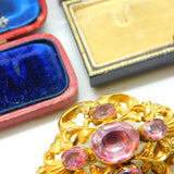 Victorian 18ct Yellow Gold & Foil Back Pink Paste Stylistic Brooch Antique c1850