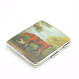 Sterling Silver Printed Horse & Hound Painting Cigarette Case Antique 1930 Chester Art Deco