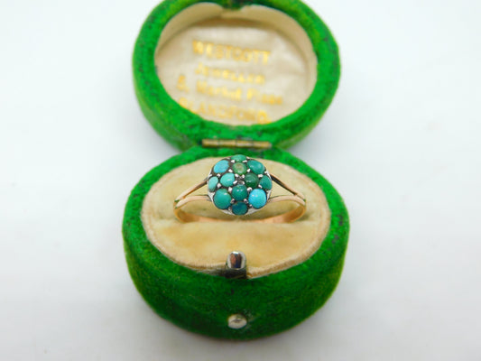 Victorian 9ct Yellow Gold & Pave Set Turquoise Ring Antique c1860