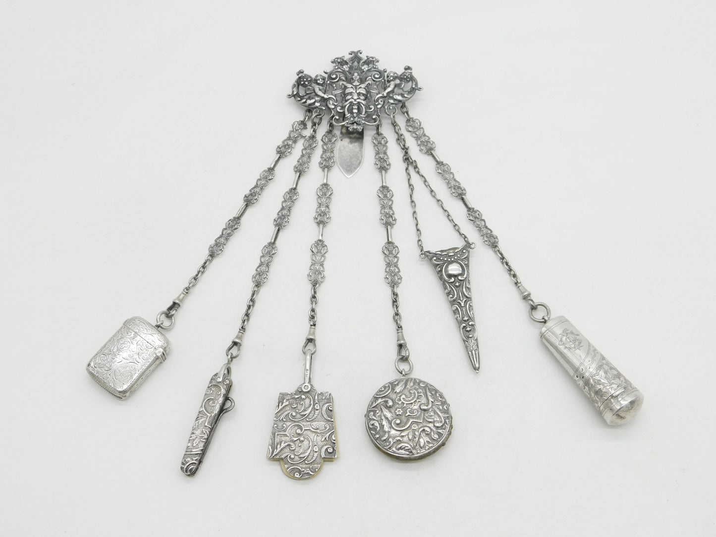 Victorian Sterling Silver Sewing Chatelaine & Tools 1893 Birmingham Antique