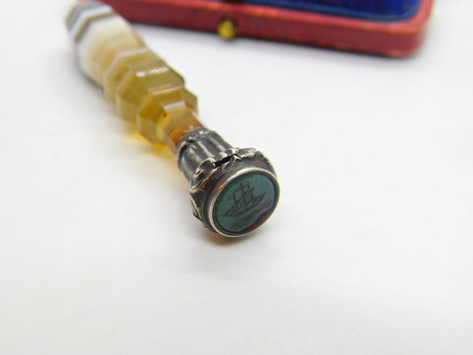 Victorian Banded Agate, Sterling Silver & Bloodstone Intaglio of Ship Seal c1850