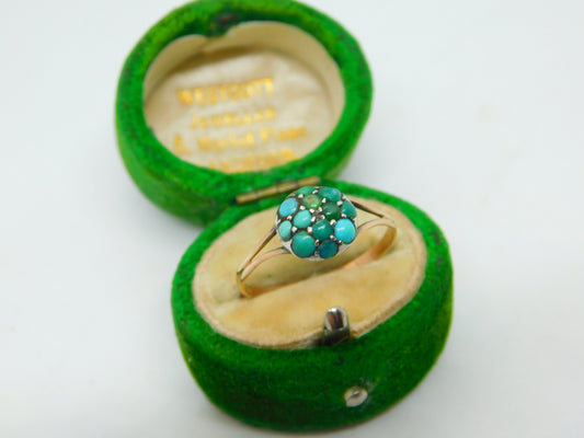 Victorian 9ct Yellow Gold & Pave Set Turquoise Ring Antique c1860