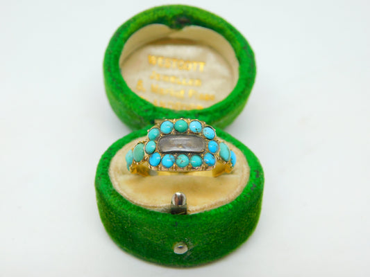 George III 18ct Yellow Gold & Turquoise Mourning Ring Engraved Ob. Antique 1819