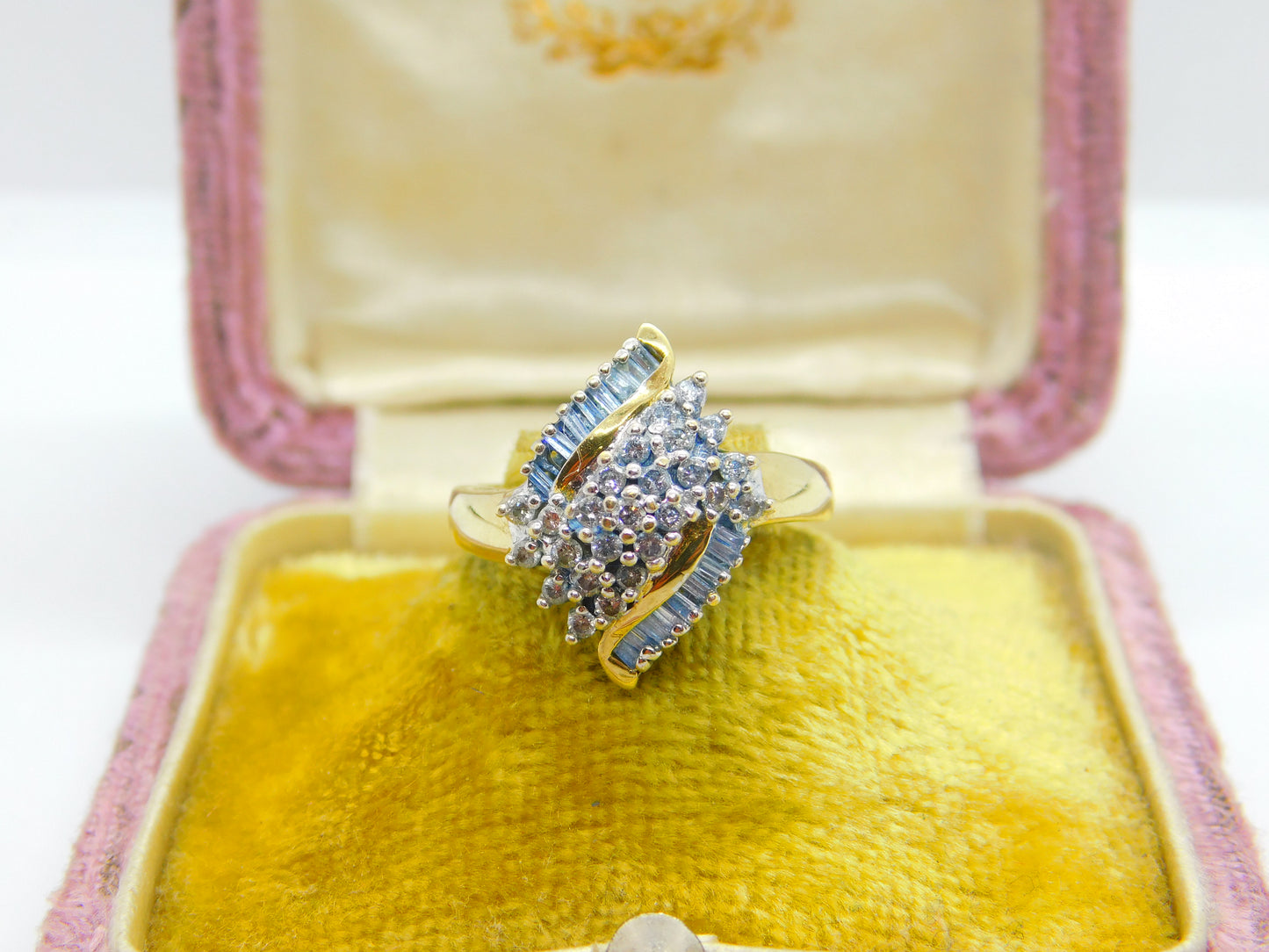 9ct Yellow Gold Baguette & Rose Cut Diamond Cluster Ring Vintage 2002 Birmingham