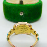George III 18ct Yellow Gold & Turquoise Mourning Ring Engraved Ob. Antique 1819