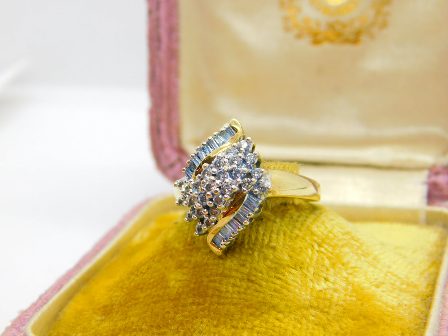 9ct Yellow Gold Baguette & Rose Cut Diamond Cluster Ring Vintage 2002 Birmingham