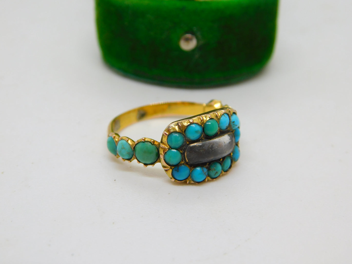 George III 18ct Yellow Gold & Turquoise Mourning Ring Engraved Ob. Antique 1819