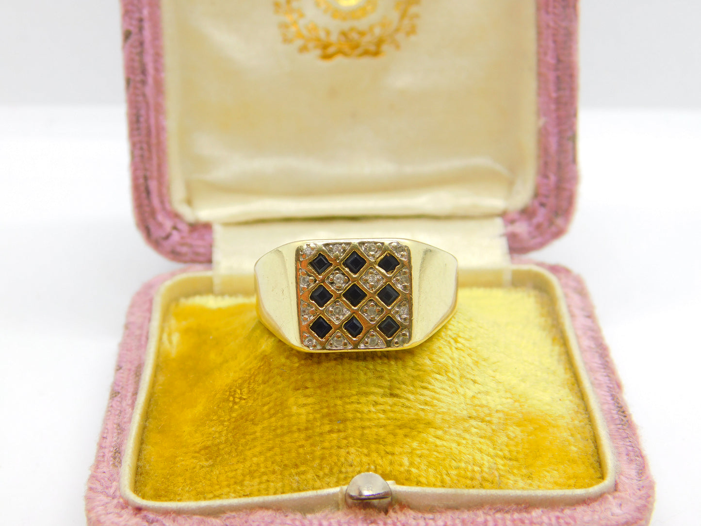 9ct Yellow Gold, Sapphire & Diamond Signet Ring Vintage c1980 Sheffield