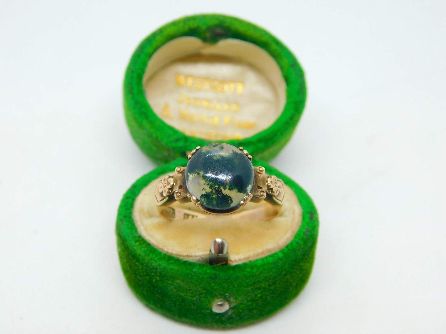 14ct Yellow Gold & Cabochon Moss Agate Floral Dress Ring Antique c1930 Art Deco