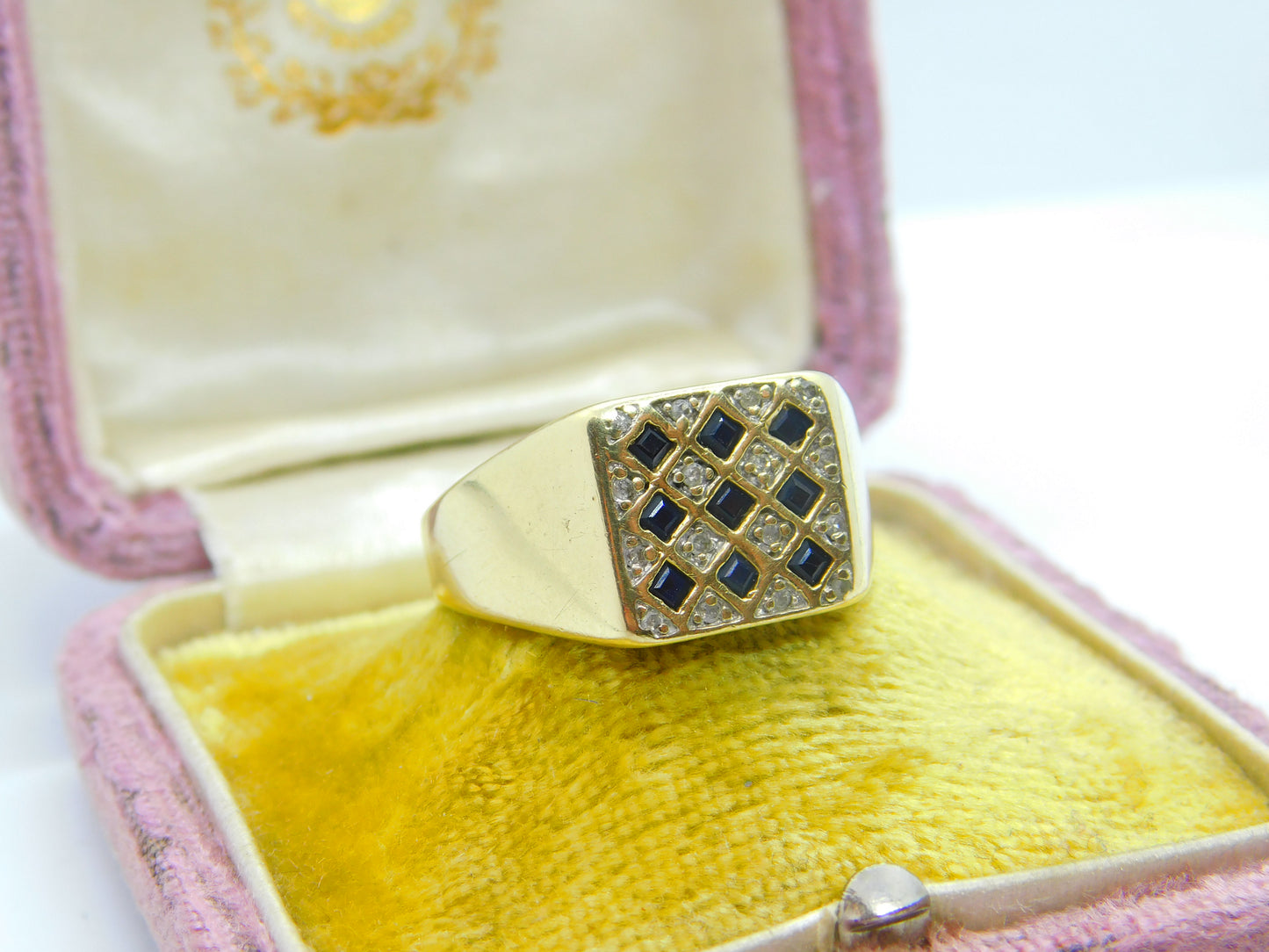 9ct Yellow Gold, Sapphire & Diamond Signet Ring Vintage c1980 Sheffield