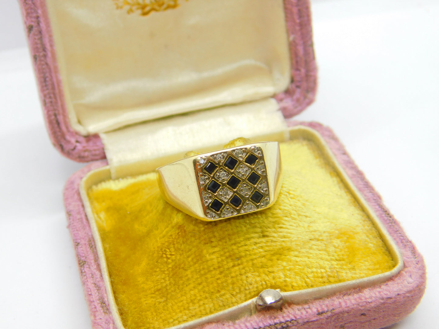 9ct Yellow Gold, Sapphire & Diamond Signet Ring Vintage c1980 Sheffield