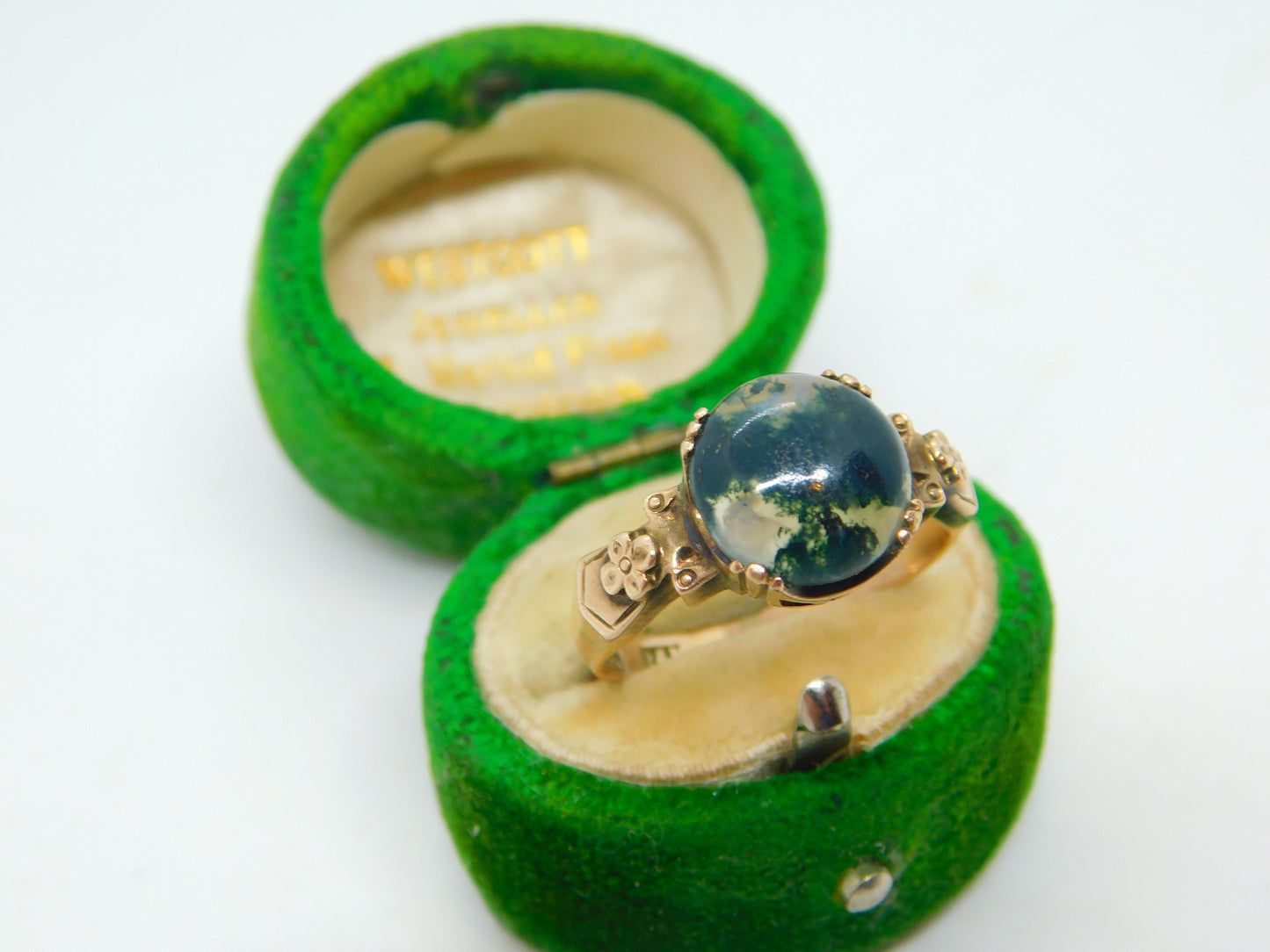 14ct Yellow Gold & Cabochon Moss Agate Floral Dress Ring Antique c1930 Art Deco