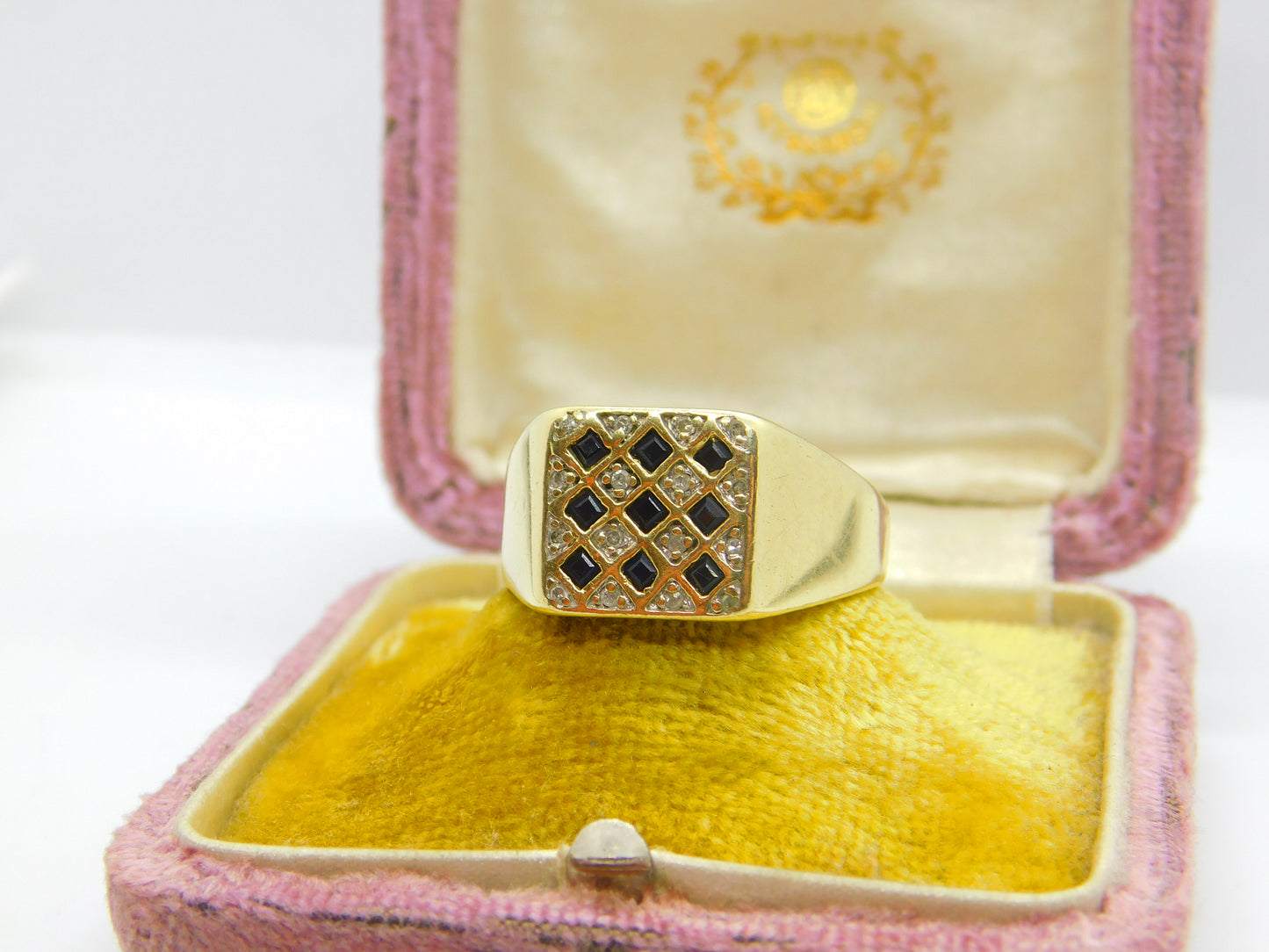 9ct Yellow Gold, Sapphire & Diamond Signet Ring Vintage c1980 Sheffield