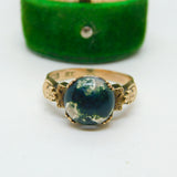 14ct Yellow Gold & Cabochon Moss Agate Floral Dress Ring Antique c1930 Art Deco