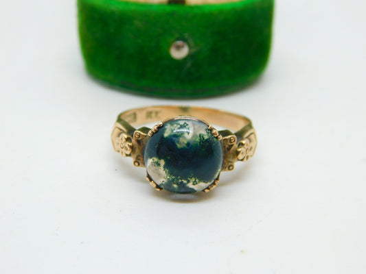 14ct Yellow Gold & Cabochon Moss Agate Floral Dress Ring Antique c1930 Art Deco