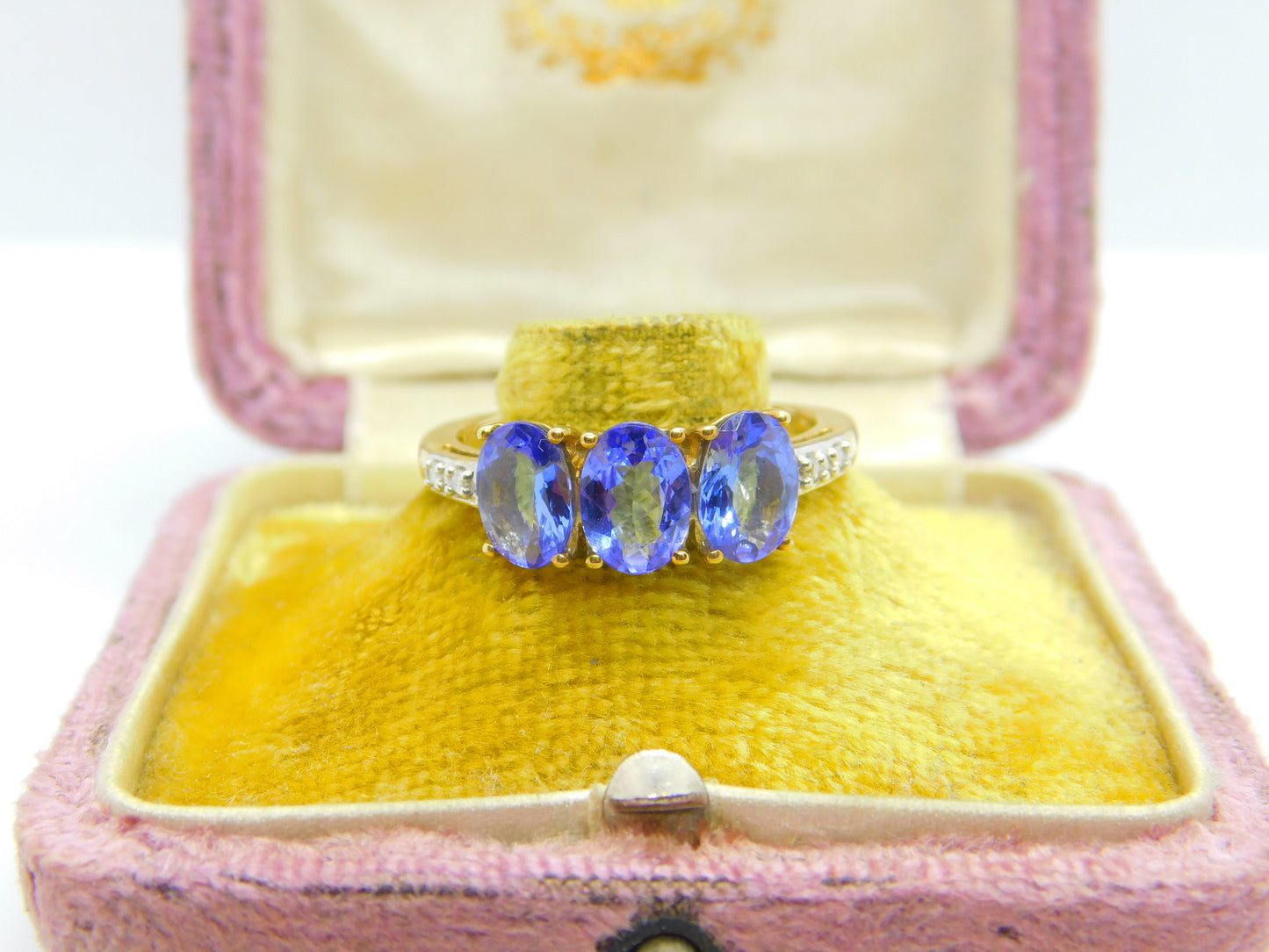 9ct Gold, Iolite & Diamond Three Stone Band Ring Vintage 2012 Birmingham