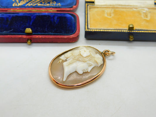 Georgian 9ct Rose Gold Carved Shell Female Classical Cameo Pendant Antique c1800