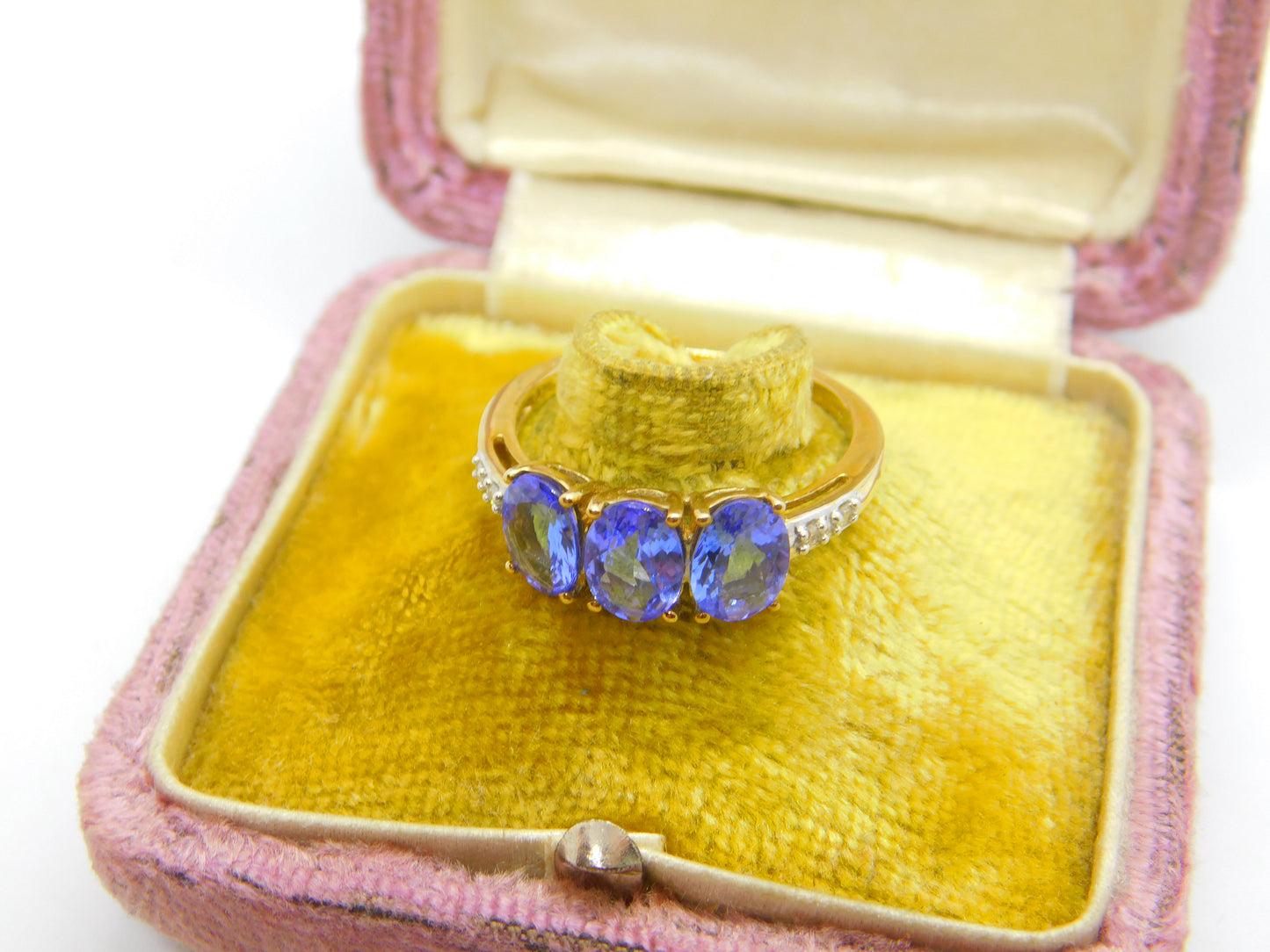 9ct Gold, Iolite & Diamond Three Stone Band Ring Vintage 2012 Birmingham