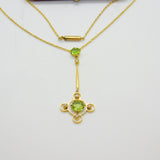 Edwardian 9ct Gold, Seed Pearl & Peridot Suffragette Drop Necklace Antique c1910