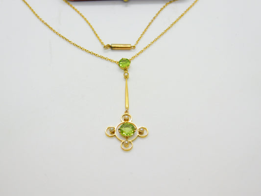 Edwardian 9ct Gold, Seed Pearl & Peridot Suffragette Drop Necklace Antique c1910