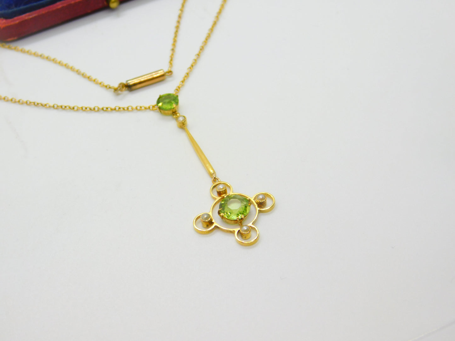 Edwardian 9ct Gold, Seed Pearl & Peridot Suffragette Drop Necklace Antique c1910