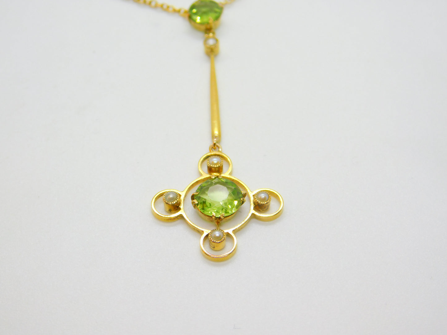 Edwardian 9ct Gold, Seed Pearl & Peridot Suffragette Drop Necklace Antique c1910