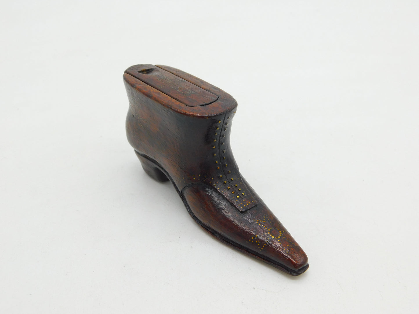 Georgian Carved Treen Heeled Boot Snuff Box Pique Set Cross Pattern Antique