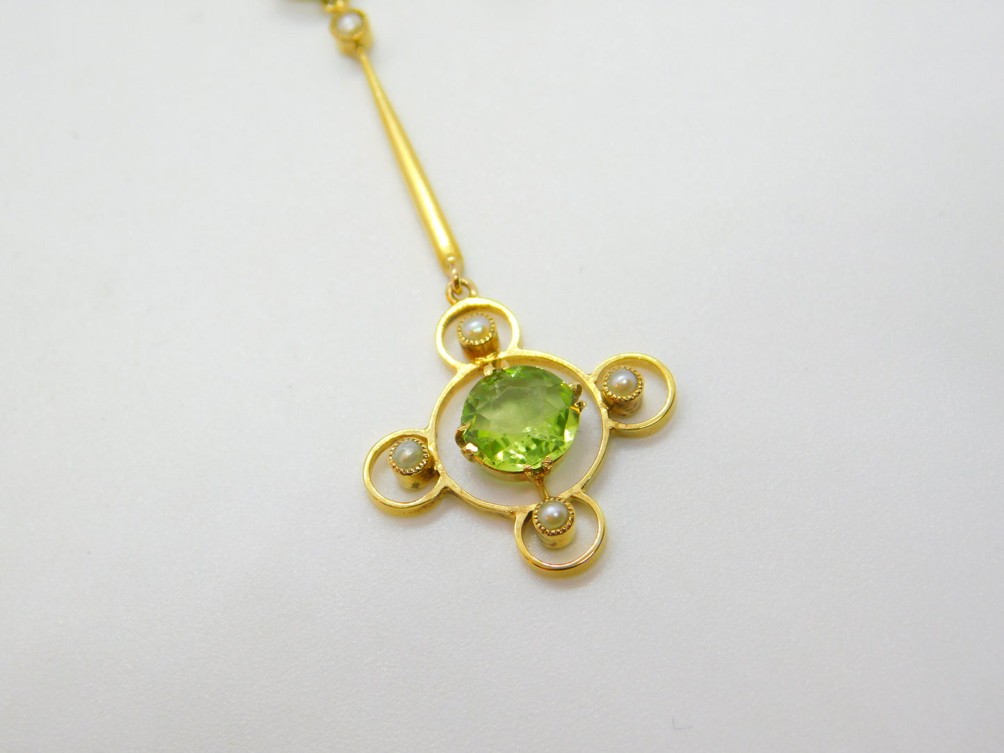 Edwardian 9ct Gold, Seed Pearl & Peridot Suffragette Drop Necklace Antique c1910