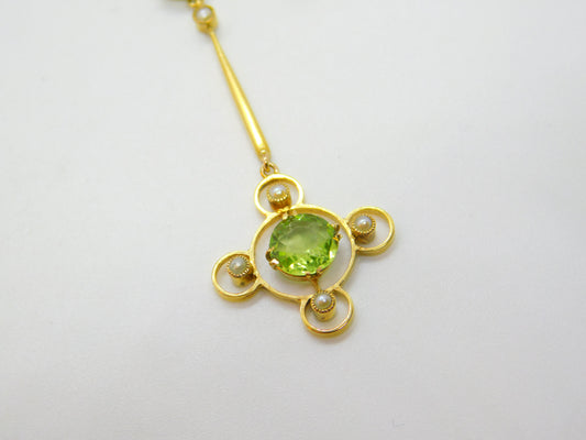 Edwardian 9ct Gold, Seed Pearl & Peridot Suffragette Drop Necklace Antique c1910