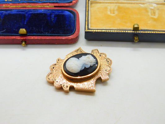 Georgian 15ct Gold Black Enamel High Relief Cameo Mourning Pendant Antique c1820