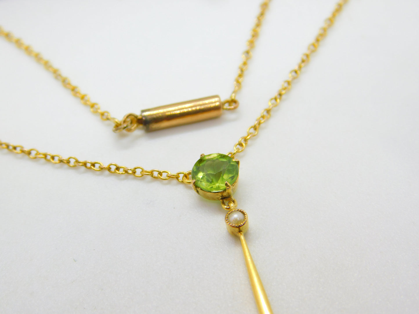 Edwardian 9ct Gold, Seed Pearl & Peridot Suffragette Drop Necklace Antique c1910