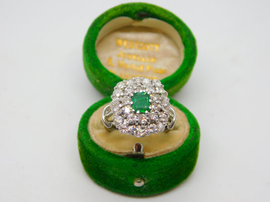 18ct White Gold, 1.5ct Diamond & Columbian Emerald Engagement Ring Vintage c1990