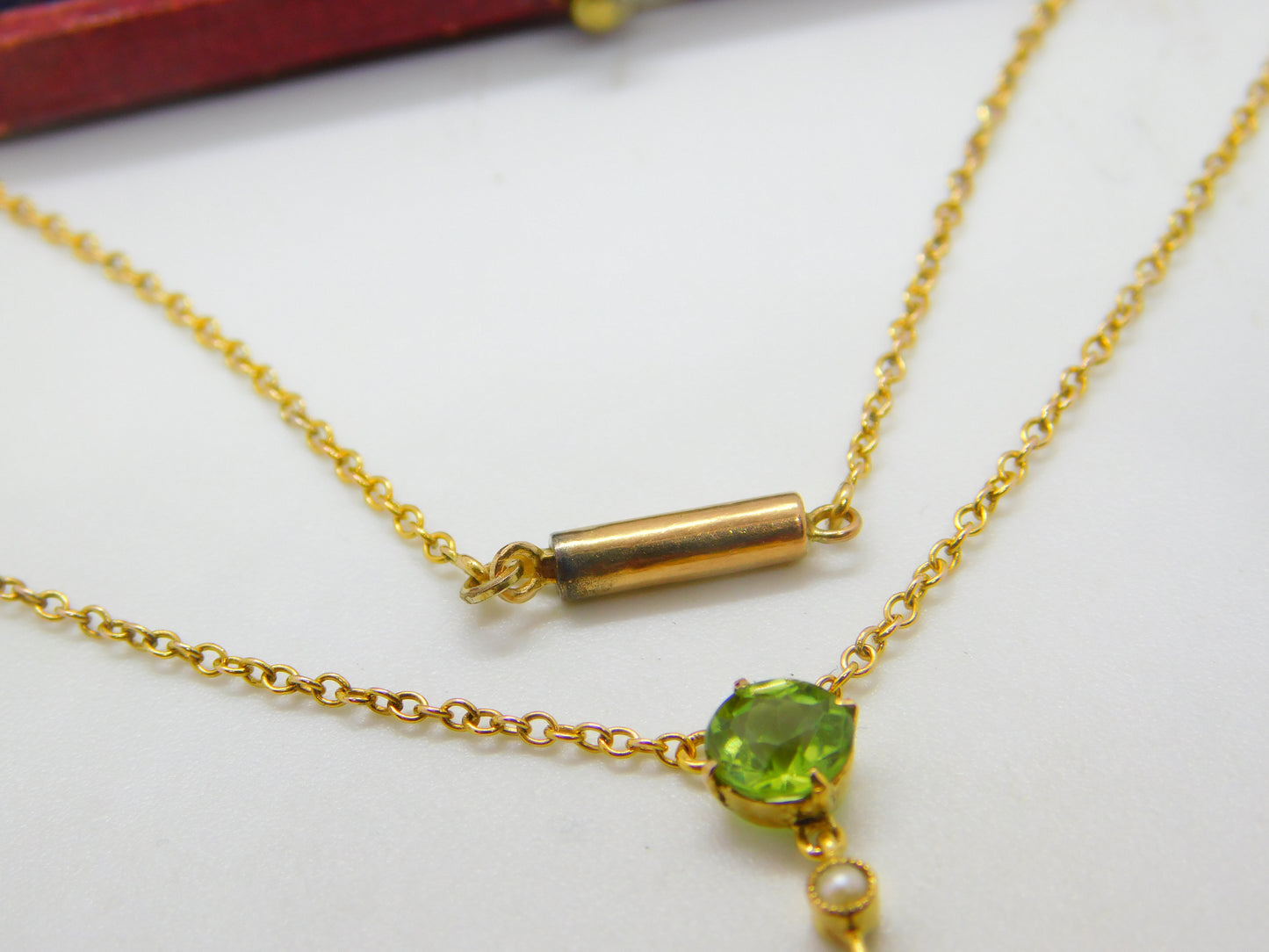 Edwardian 9ct Gold, Seed Pearl & Peridot Suffragette Drop Necklace Antique c1910