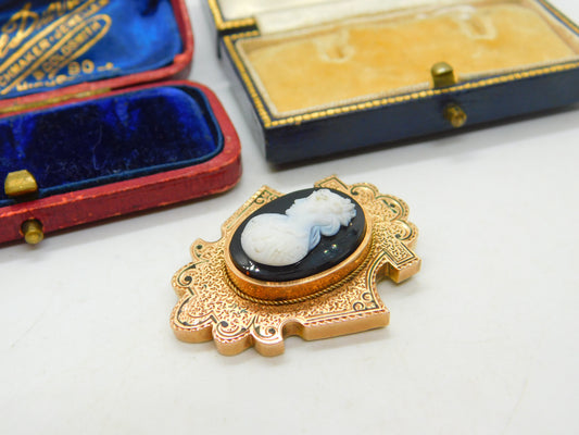 Georgian 15ct Gold Black Enamel High Relief Cameo Mourning Pendant Antique c1820