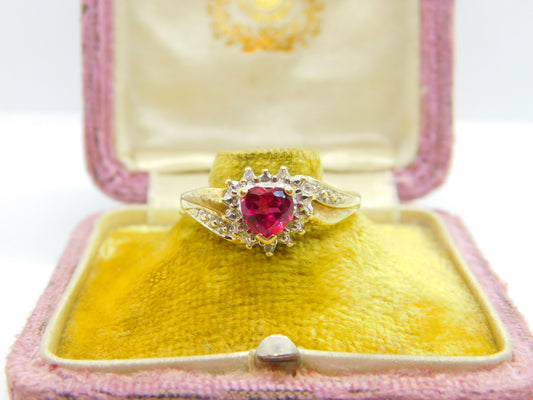 10ct Yellow Gold & Heart Cut Ruby Band Ring Vintage c1990 Size V UK