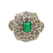 18ct White Gold, 1.5ct Diamond & Columbian Emerald Engagement Ring Vintage c1990