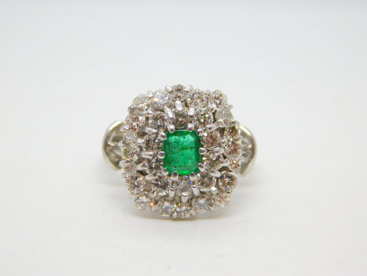 18ct White Gold, 1.5ct Diamond & Columbian Emerald Engagement Ring Vintage c1990