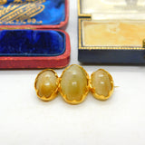 Victorian 18ct Yellow Gold & Triple Cabochon Cats Eye Brooch Antique c1860