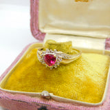 10ct Yellow Gold & Heart Cut Ruby Band Ring Vintage c1990 Size V UK