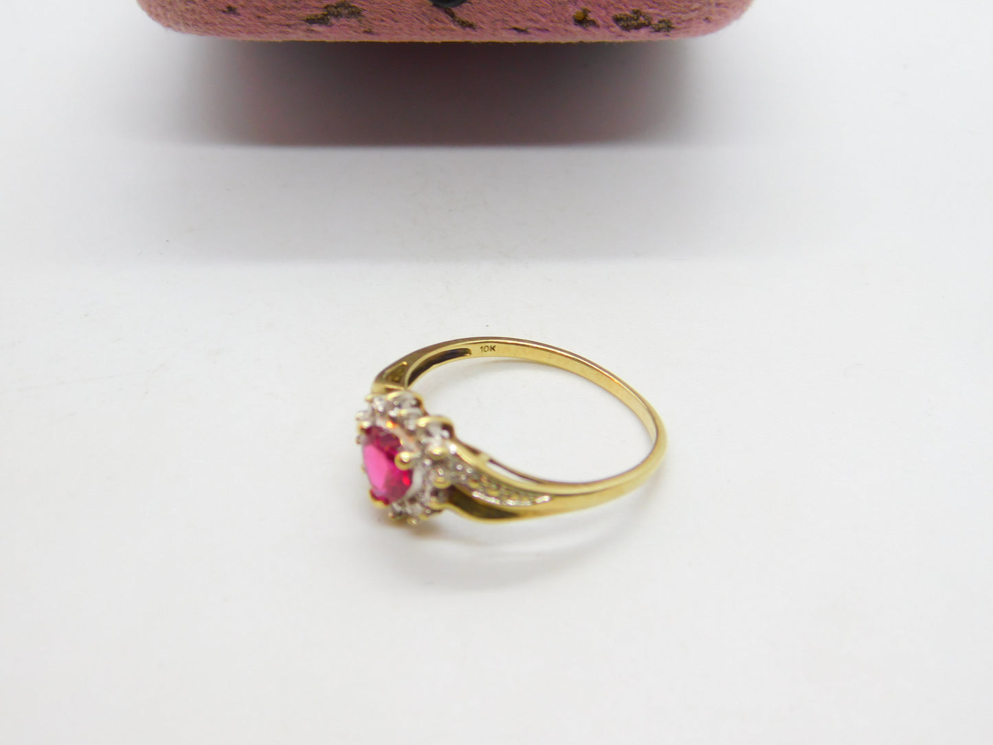 10ct Yellow Gold & Heart Cut Ruby Band Ring Vintage c1990 Size V UK