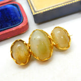 Victorian 18ct Yellow Gold & Triple Cabochon Cats Eye Brooch Antique c1860
