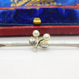 9ct White Gold & Pearl Set Spring Flower Bar Brooch Antique c1920 Art Deco